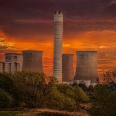 Nuclear power plant at sunset