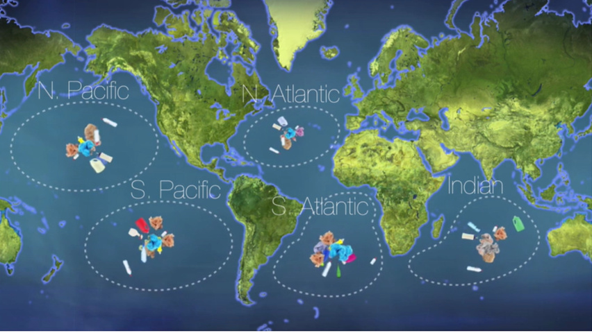 image of the 5 gyres where plastic trash collects in the oceans around the planet