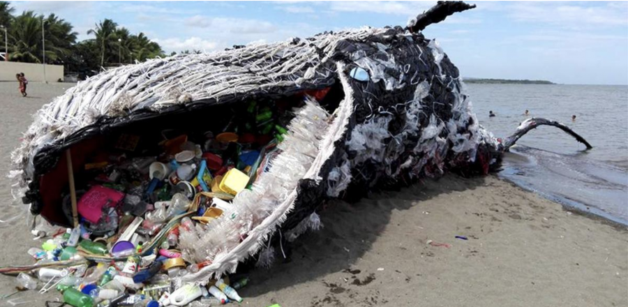A huge plastic whale model filled with plastic to raise awareness of the plastics in our oceans