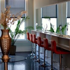 Hair salon, red chairs