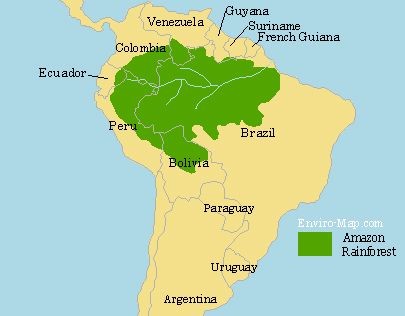 Map of South America showing The Amazon Rainforest