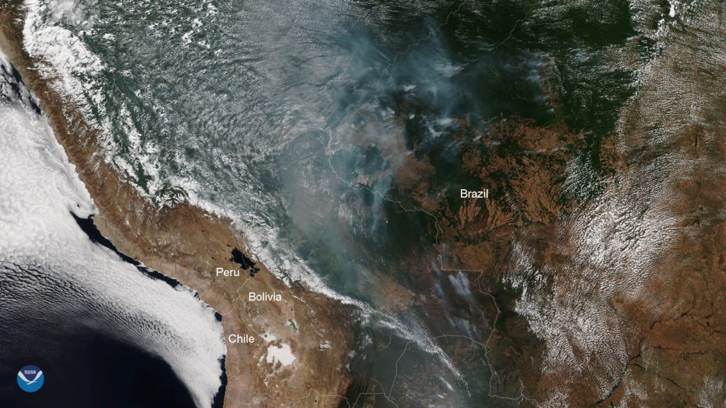 Satellite image showing smoke from the Amazon fires
