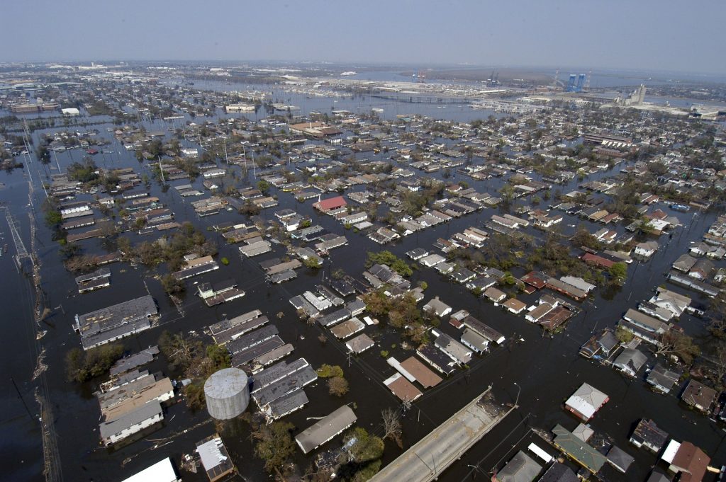 New Orleans, Louisiana after Hurricane Katrina in 2005. The neighborhood is completely flooded.