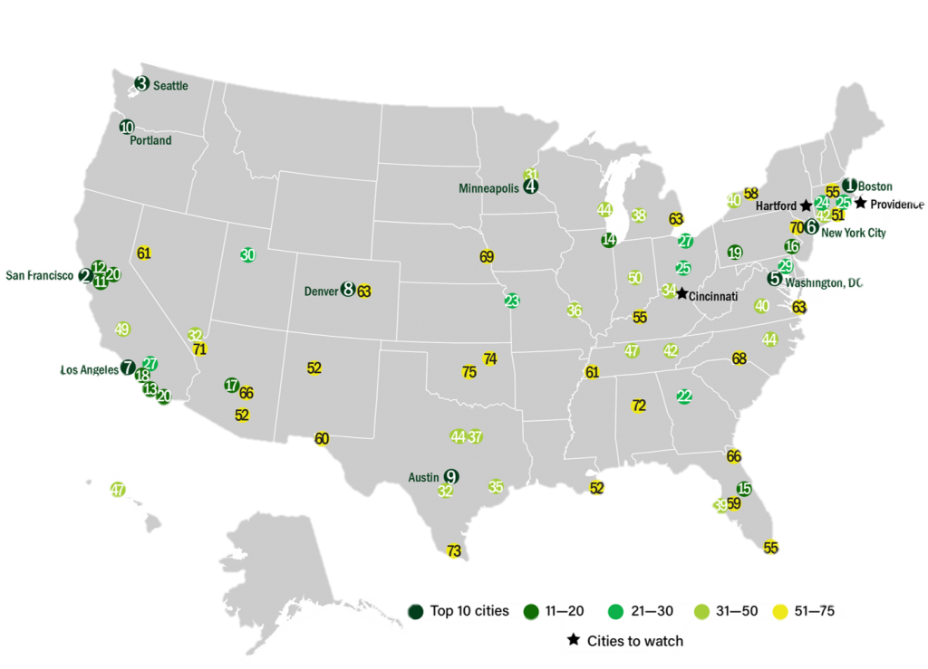 Map of the 75 ranked cities for the ACEEE Clean Energy Scorecard