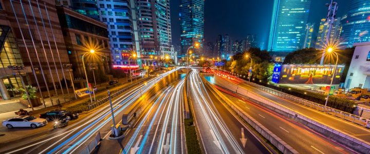 Blurred lights of heavy traffic at night in a city