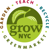 GrowNYC green apple logo: Teach, Recycle, Green Market, Garden. 
