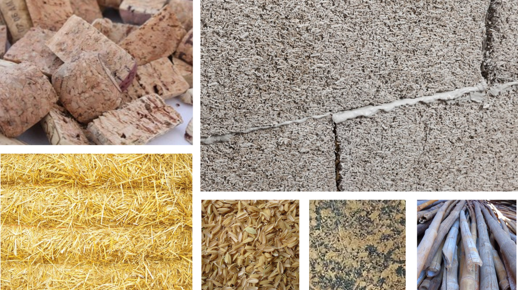 Cork, hempcrete, straw, rice hulls, waste textiles and bamboo are examples of plant based building materials 