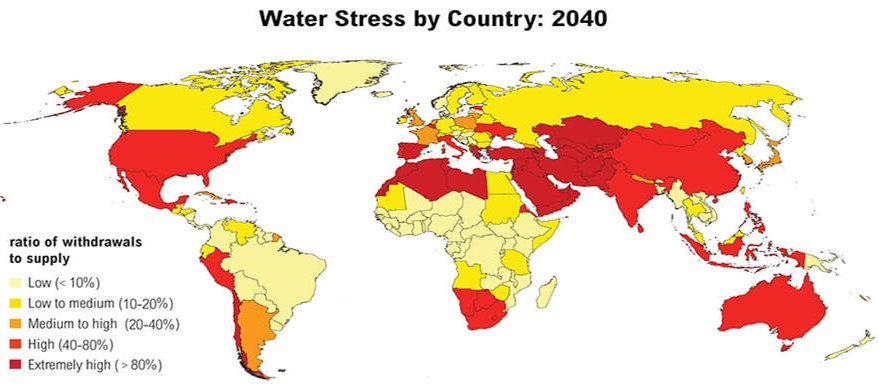 Map of countries projected to have water scarcity in 2040