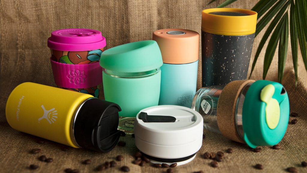 Selection of different brands of reusable coffee cups