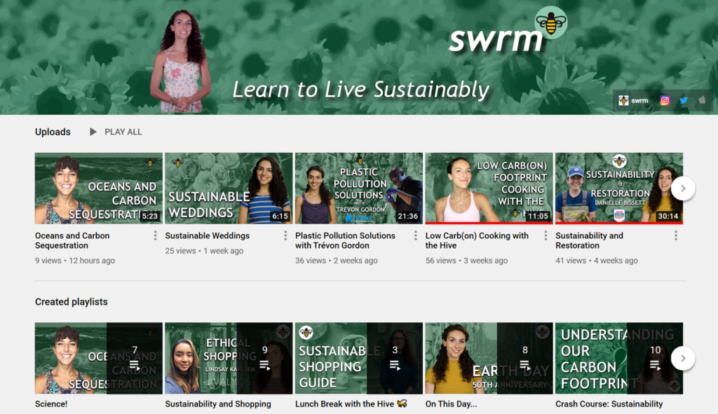 swrmTV YouTube channel home page. Sustainable living guide. Sustainability channel