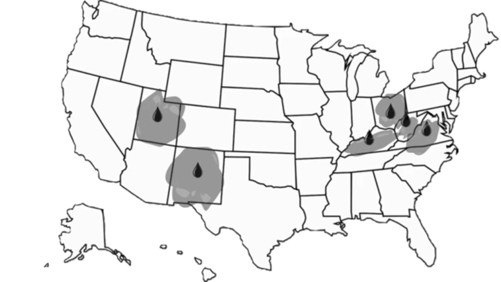 Map of the US highlighting states with >95% fossil fuel energy - Virginia, West Virginia, Utah, Indiana, Kentucky and New Mexico