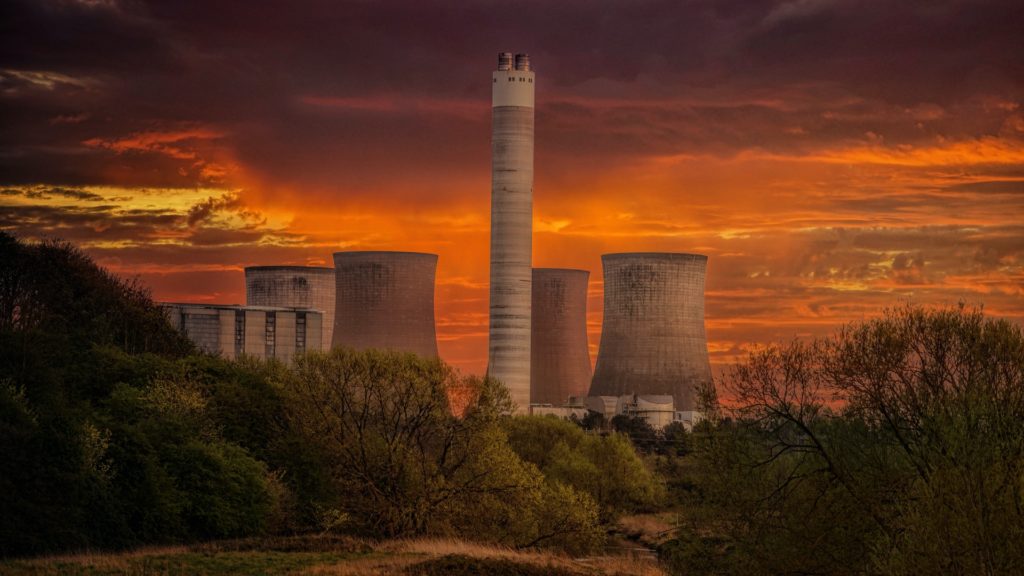 Nuclear power plant at sunset