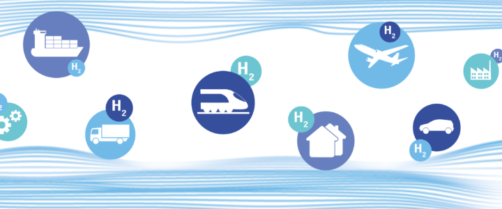 Hydrogen element symbol attached to icons to denote powering industry and transport