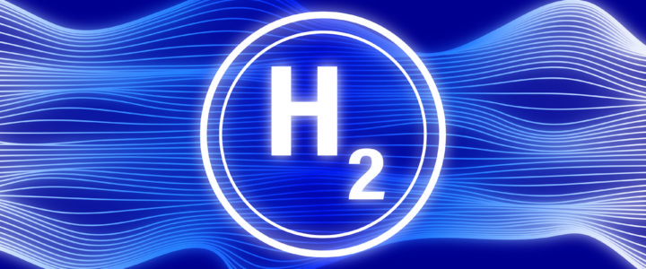 Hydrogen symbol in front of blue wavy background