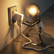 cartoon light bulb unplugging itself from the wall socket to conserve energy