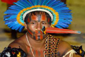 Indigenous man of North Eastern Brazil in traditional clothing with bright blue feather head dress and the quiver of a long orange feather poked through his nose sideways.