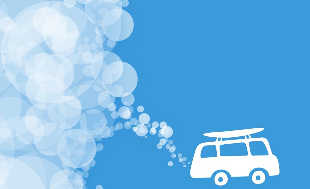 Cartoon image of VW van with a surfboard on top, and bubbles of emissions from the back for carbon footprint