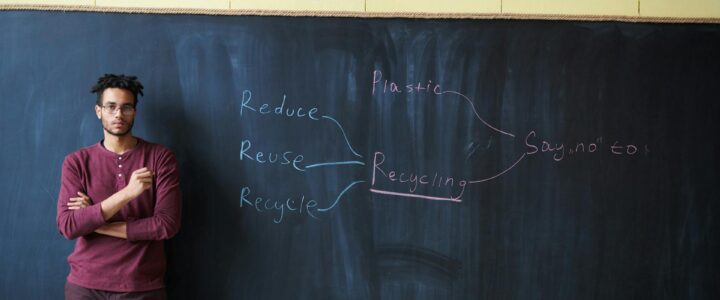 Teacher in front of a chalkboard, with the messaging about the eco R's