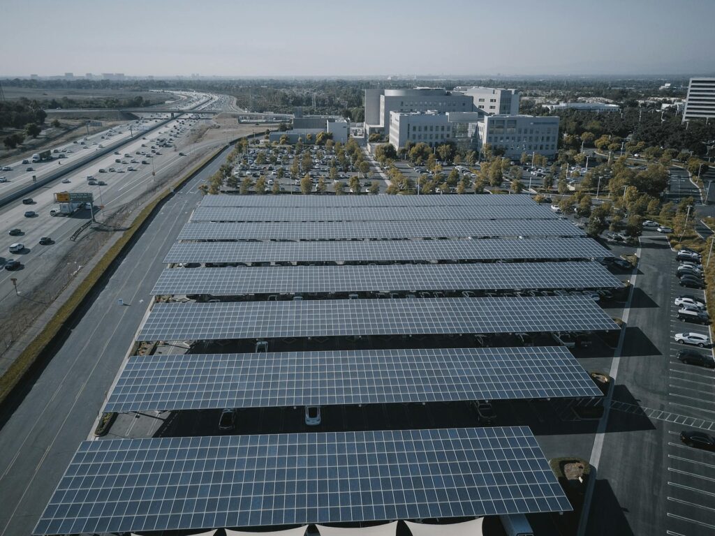 Large carpark with solar panels covering the roof